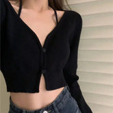 V Neck Crop Cardigans Y2K Korean Long Sleeve Button Sweater Slim Thin Black Knitting Sun Protection Jumper